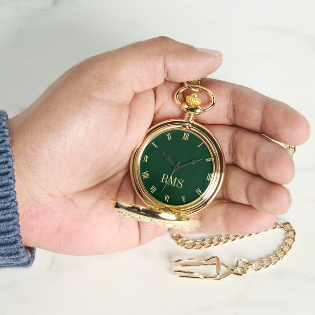 Reloj De Pulsera Bolsillo retro clásico monogramado de oro verde fo (Forest Green Gold Monogrammed Classic Retro Pocket Watch)