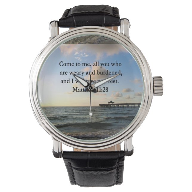 RELOJ DE PULSERA BONITA MATTHEW 11:28 SCRIPTURA VERSE (Anverso)
