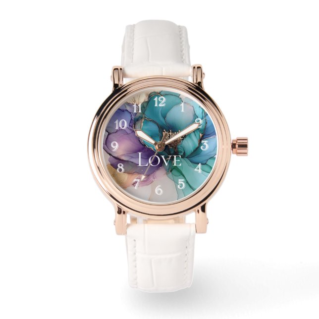 Reloj De Pulsera Bonito Aqua Blue Purple Gold Floral Love (Anverso)