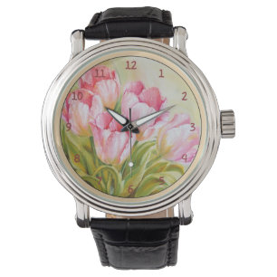 Reloj De Pulsera Bonito conjunto de tulipanes rosados y blancos