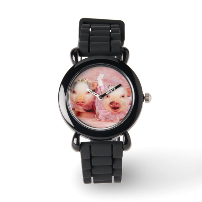 Reloj De Pulsera Bonito En Cerdos Rosados Niños Purpurina Watch (Anverso)