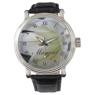 Reloj De Pulsera Bonito, flor blanca pura de lirio de Pascua en neg