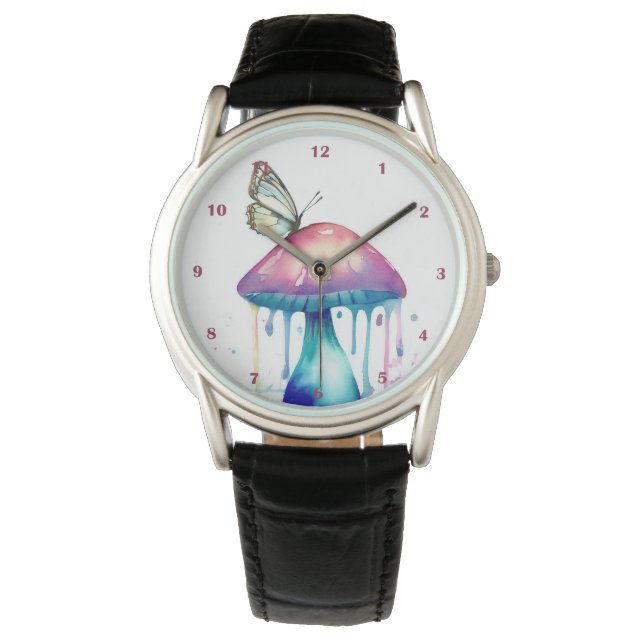 Reloj De Pulsera Bonito Mariposa Mushroom Arcoiris Watercolor Art (Anverso)