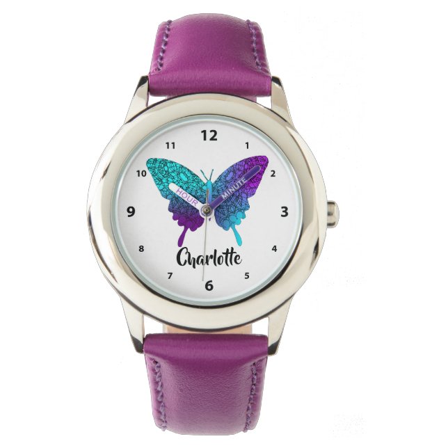 Reloj De Pulsera Bonito Morado Verde azulado Gran Mariposa Watc Per (Anverso)