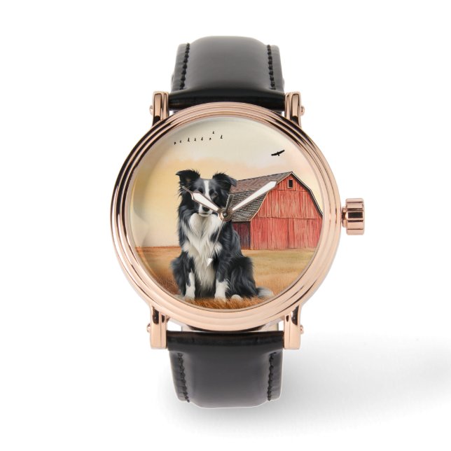 Reloj De Pulsera Border Collie Dog and Red Barn Ranch (Anverso)