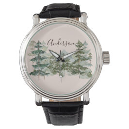 Reloj De Pulsera Bosque de pino y montaña rústica en acuarela
