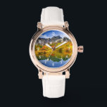 Reloj De Pulsera Bosque paisajístico panorámico y montañas<br><div class="desc">Un reloj con una hermosa fotografía de campo. Montañas de piedra con un bosque otoñal de colores vivos. Un lago tranquilo refleja las montañas,  los árboles y las hierbas.</div>
