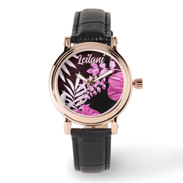Reloj De Pulsera Botanical Tropical Leaves Palm Pink Personalized (Anverso)