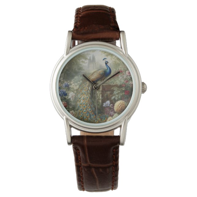 Reloj De Pulsera Botánico: pavo real cerca del castillo en jardín i (Anverso)