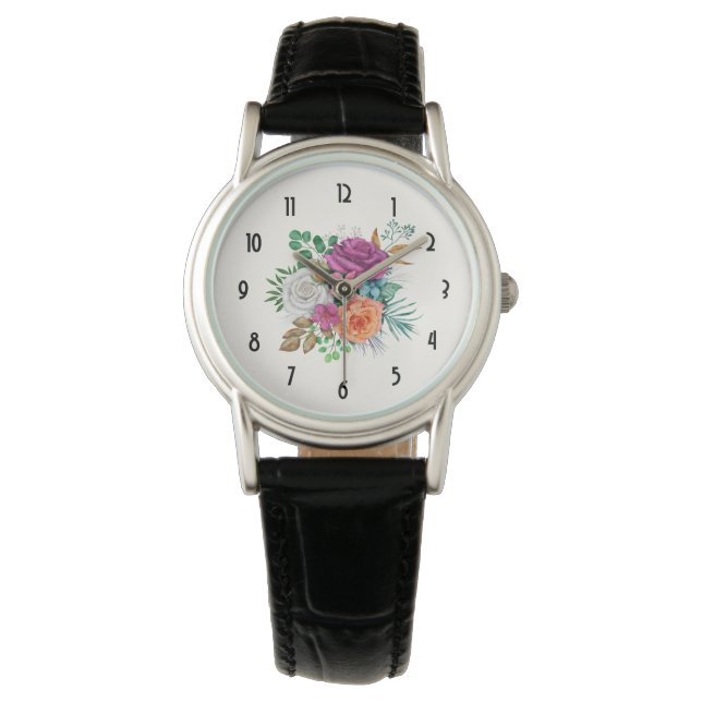 Reloj De Pulsera Bouquet floral rosa, Naranja y rosas blancas (Anverso)
