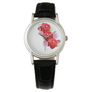 Reloj De Pulsera Bouquet Rosa Y Rosa Rojo, Cuero De Las Damas