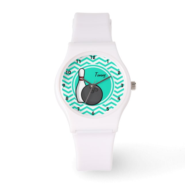 Reloj De Pulsera Bowling; Aqua Green Chevron (Anverso)