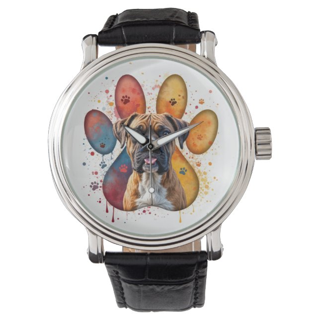 Reloj De Pulsera Boxer Dog In Watercolor Pawprint (Anverso)