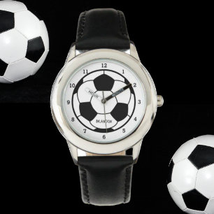 Reloj De Pulsera Boys Soccer Ball Black Stylish Custom Name Kids