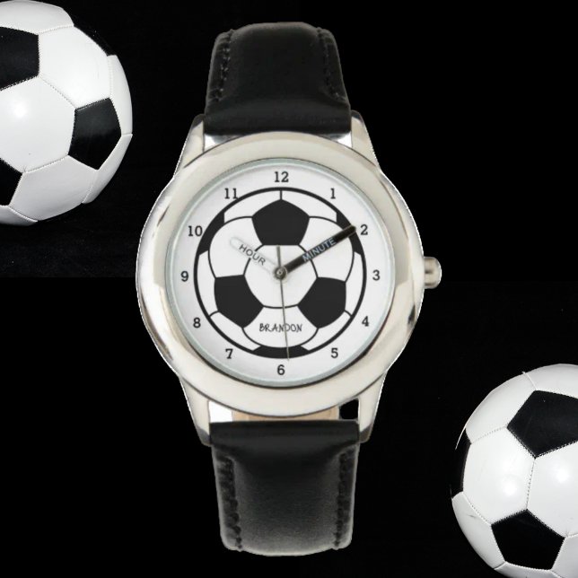Reloj De Pulsera Boys Soccer Ball Black Stylish Custom Name Kids (Subido por el creador)