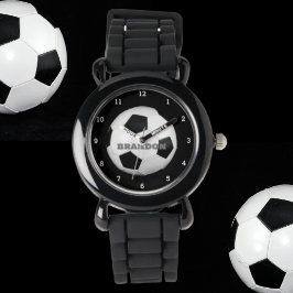 Reloj De Pulsera Boys Soccer Ball Black Stylish Custom Name Kids