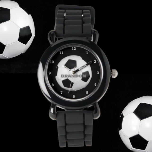 Reloj De Pulsera Boys Soccer Ball Black Stylish Custom Name Kids (Subido por el creador)