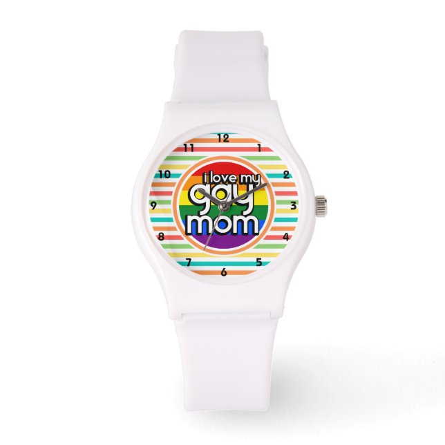 Reloj De Pulsera Brillantes franjas arcoiris, mamá gay (Anverso)