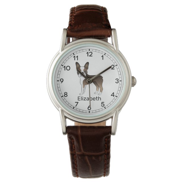 Reloj De Pulsera Brindle Boston Terrier Cute Cartog Perro y nombre (Anverso)