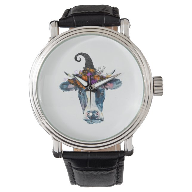 Reloj De Pulsera Bruja de Halloween blanco negro vaca (Anverso)