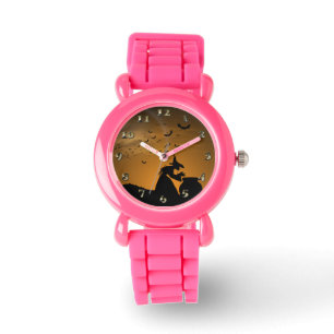 Reloj De Pulsera Bruja de Halloween y caldero con murciélagos