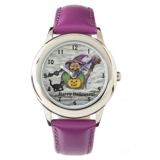 Reloj De Pulsera Bruja, gato, murciélago y calabaza, ¡Feliz Hallowe (Anverso)
