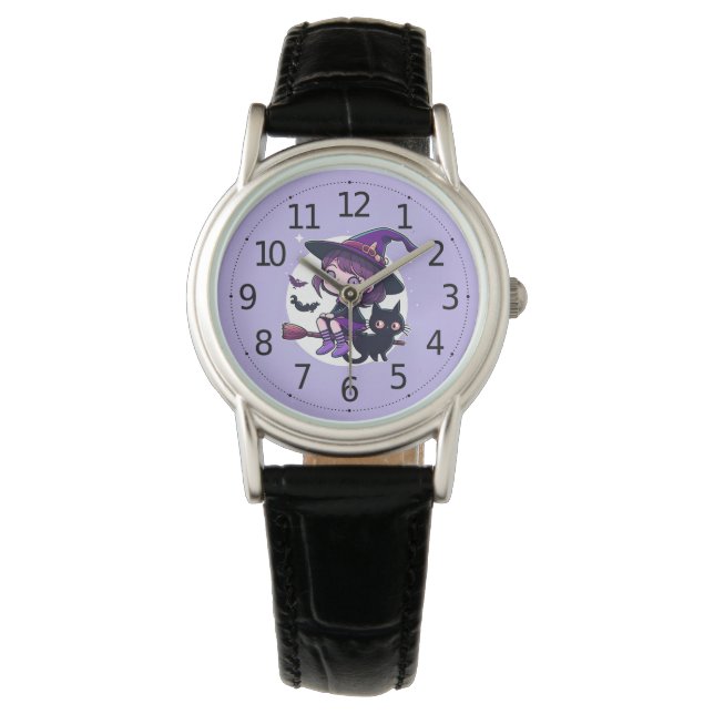 Reloj De Pulsera Bruja linda con un gato negro de cuarto | (Anverso)