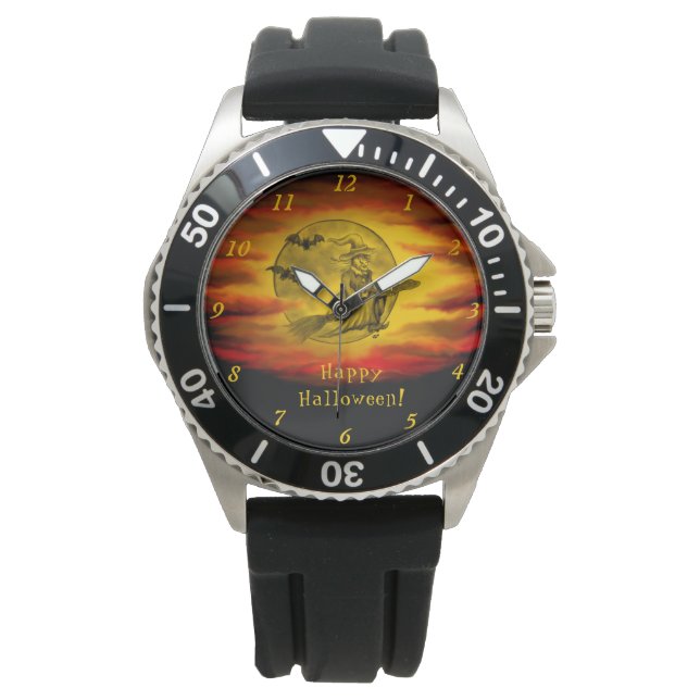 Reloj De Pulsera Bruja voladora con gato negro, noche de halloween (Anverso)