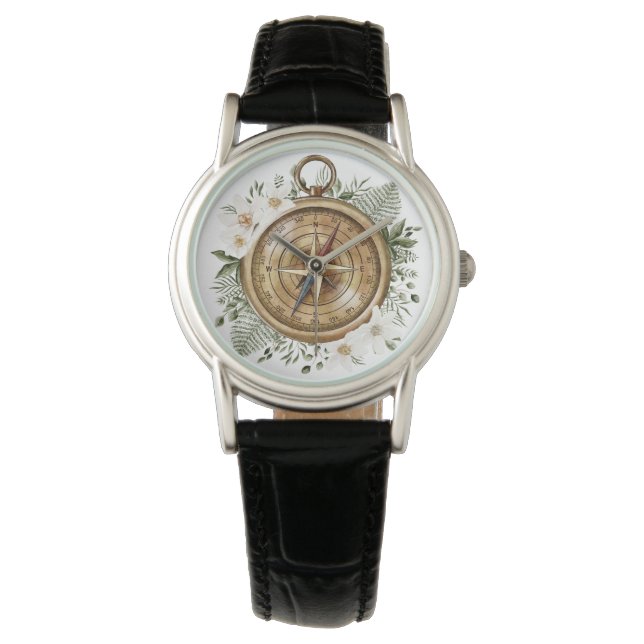 Reloj De Pulsera Brújula Floral Acuarela (Anverso)