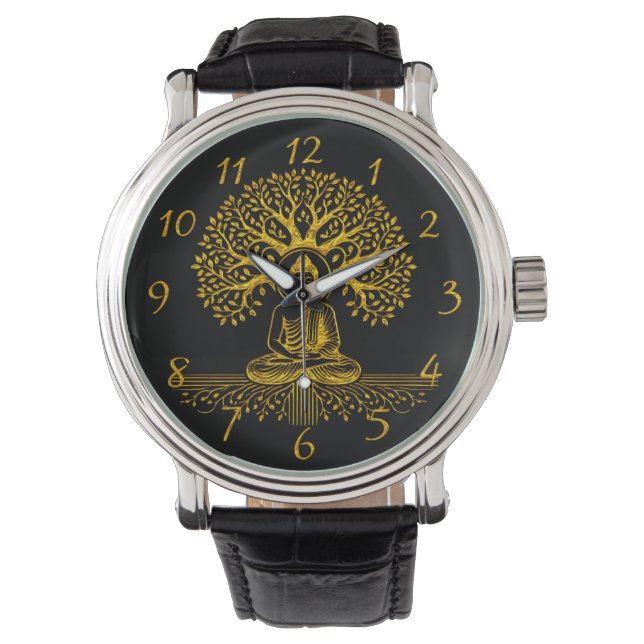 Reloj De Pulsera Buda dorado rodeado de hojas intrincadas (Anverso)