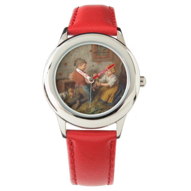 Reloj De Pulsera Buenos Amigos (Jóvenes Jugando Con Conejo Mascota) (Anverso)