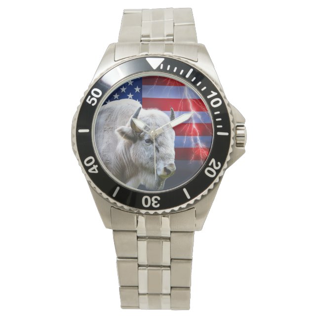 Reloj De Pulsera Búfalo Blanco Con Bandera Estadounidense Y Rayo (Anverso)