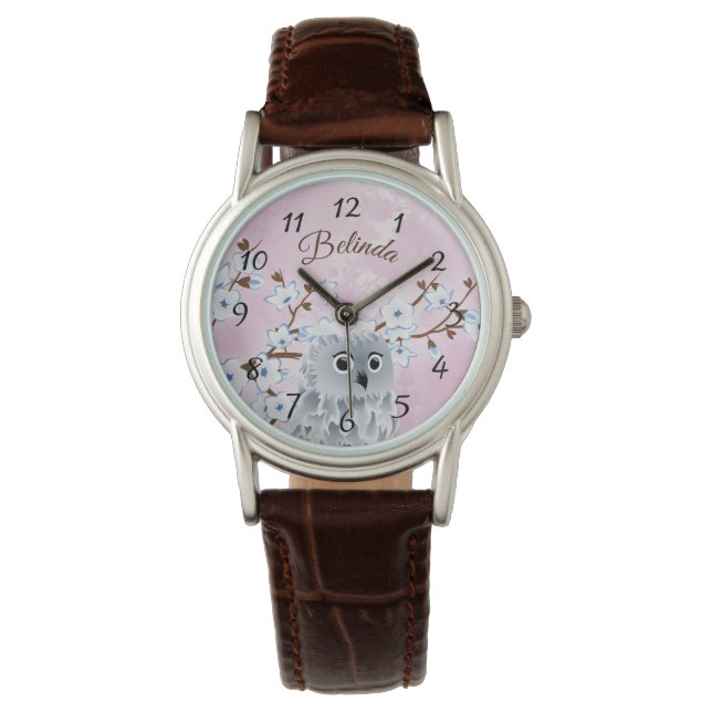 Reloj De Pulsera Búho azul rosa de flores de cerezo números Monogra (Anverso)