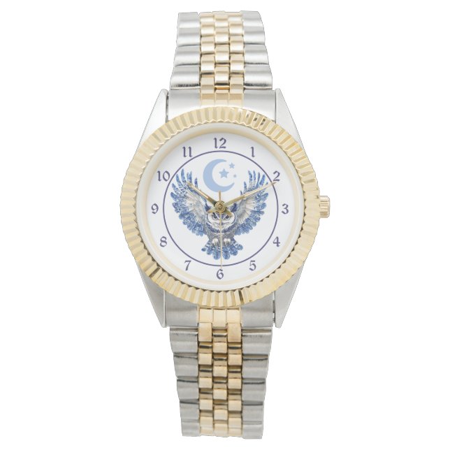Reloj De Pulsera Búho Nocturno Azul Elegante y Luna (Anverso)