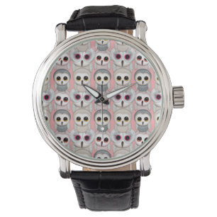 Reloj De Pulsera Búhos Bebés Sobre Patrón de Fondo Rosa Pálido