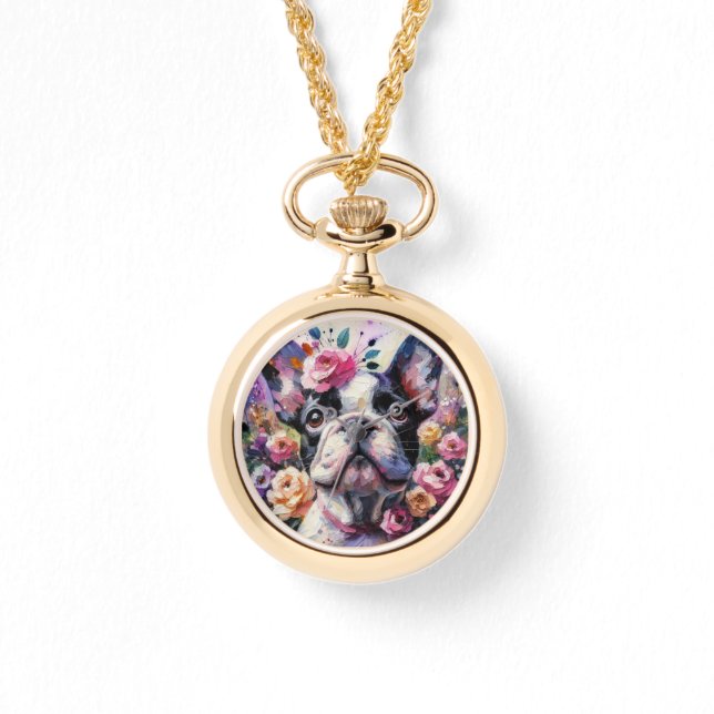 Reloj De Pulsera Bulldog francés con Rosas Pintura impresionista (Anverso)