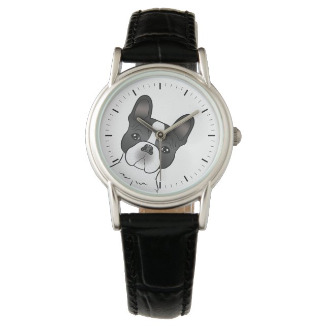 Reloj De Pulsera Bulldog Francés Piebald Negro / Frenchie Perro Lin (Anverso)