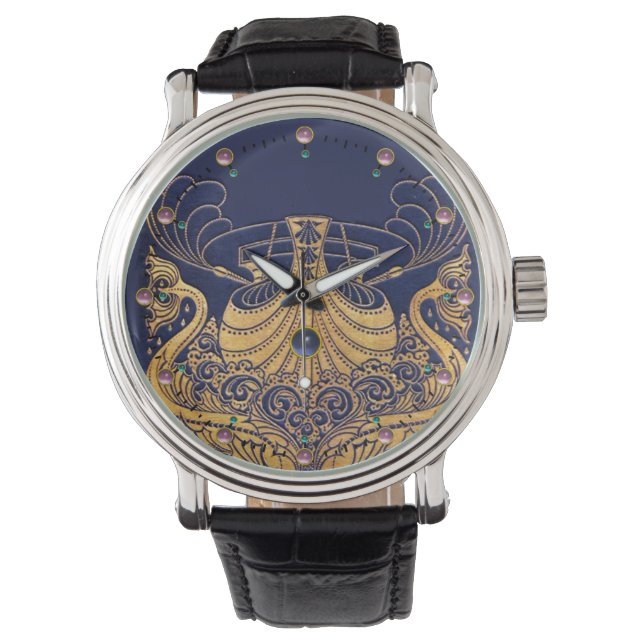 Reloj De Pulsera Buque antiguo, delfines, oro, azul marino (Anverso)