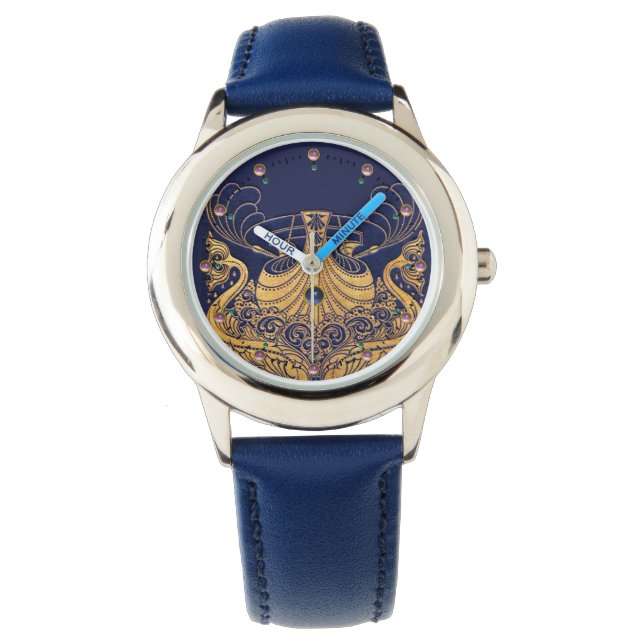 Reloj De Pulsera Buque antiguo, delfines, oro, azul marino (Anverso)