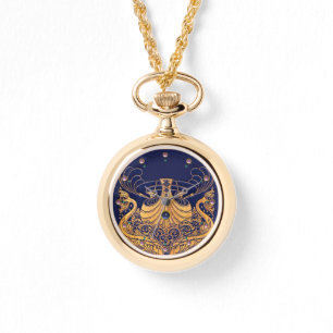 Reloj De Pulsera Buque antiguo, delfines, oro, azul marino