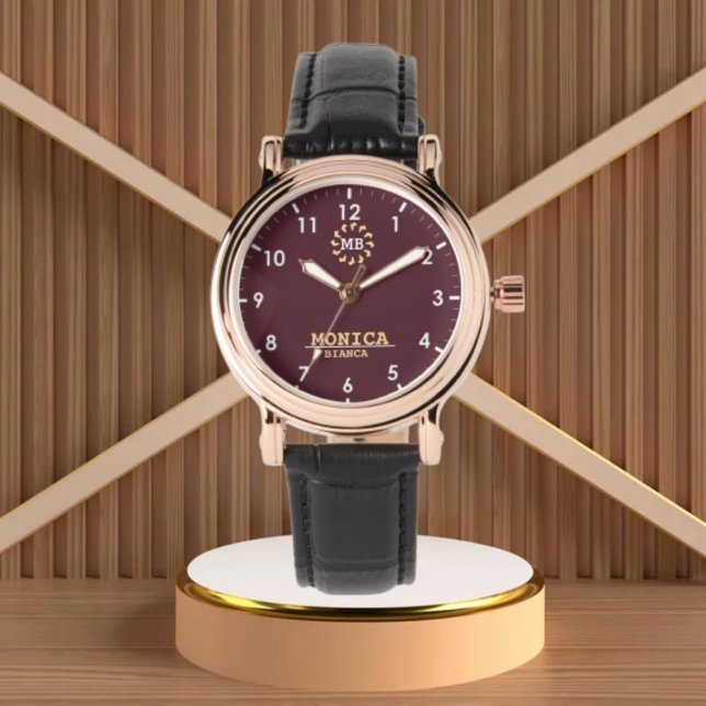 Reloj De Pulsera Burgundy Gold Personalized Custom Monogram Elegant (Subido por el creador)