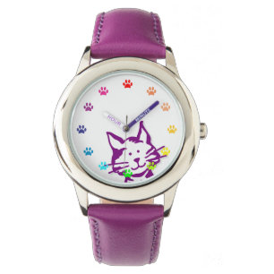 Reloj De Pulsera Buscando gato morado con garras como números