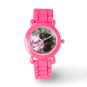 Reloj De Pulsera Busy Bumblebee y Purpurina de flores rosadas Watch