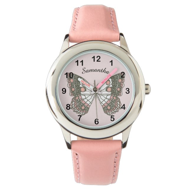 Reloj De Pulsera Butterfly & Custom Name on Soft Pink (Anverso)