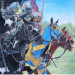 Reloj De Pulsera caballeros medievales montando a caballo arte hist<br><div class="desc">Este reloj único y muy fresco tiene una de mis pinturas favoritas en él, los caballeros de caza en la pintura a caballo se titula "Los Cuatro Caballeros del Festival Forestal". Lo pinté a partir de una fotografía que tomé cuando estaba en el Festival Forestal en las llanuras de Chingford...</div>