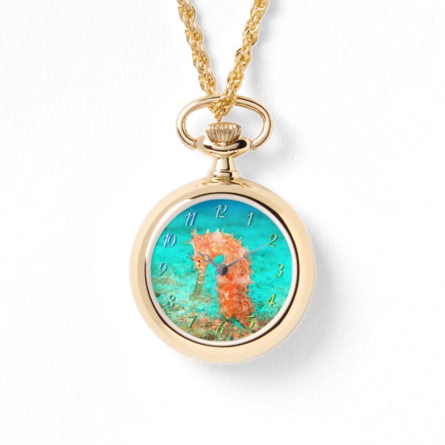 Reloj De Pulsera Caballito de mar tropical caribeño turquesa naranj (Anverso)