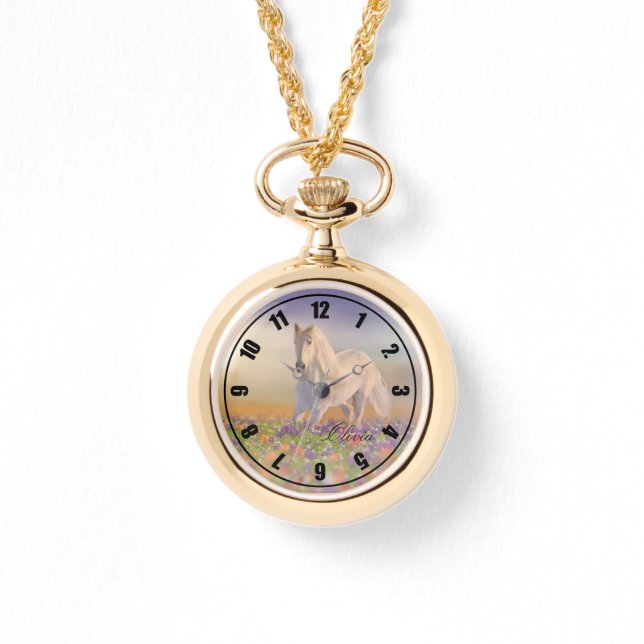 Reloj De Pulsera Caballo blanco con flores y nombre (Anverso)