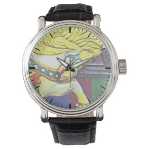 Reloj De Pulsera Caballo De Carrusel Con Mano Amarillo