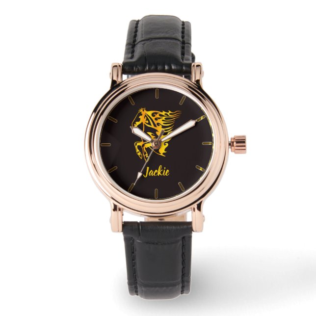 Reloj De Pulsera Caballo de llama dorada con nombre personalizado (Anverso)