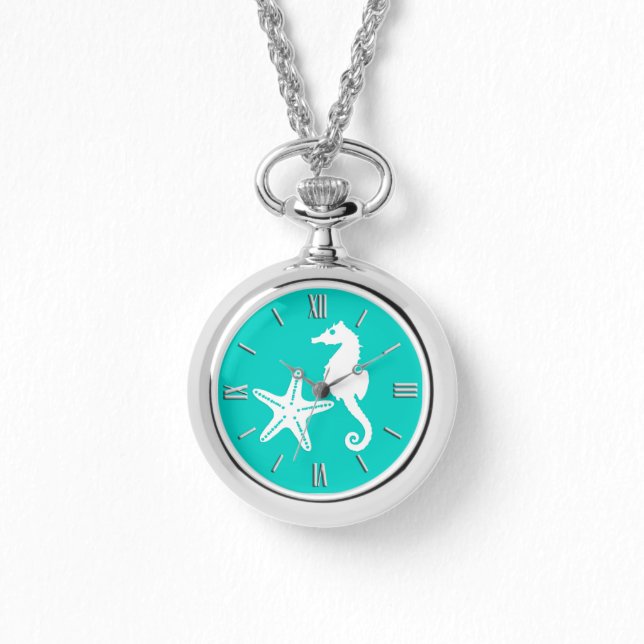 Reloj De Pulsera Caballo de mar y pez estrella - blanco sobre turqu (Anverso)
